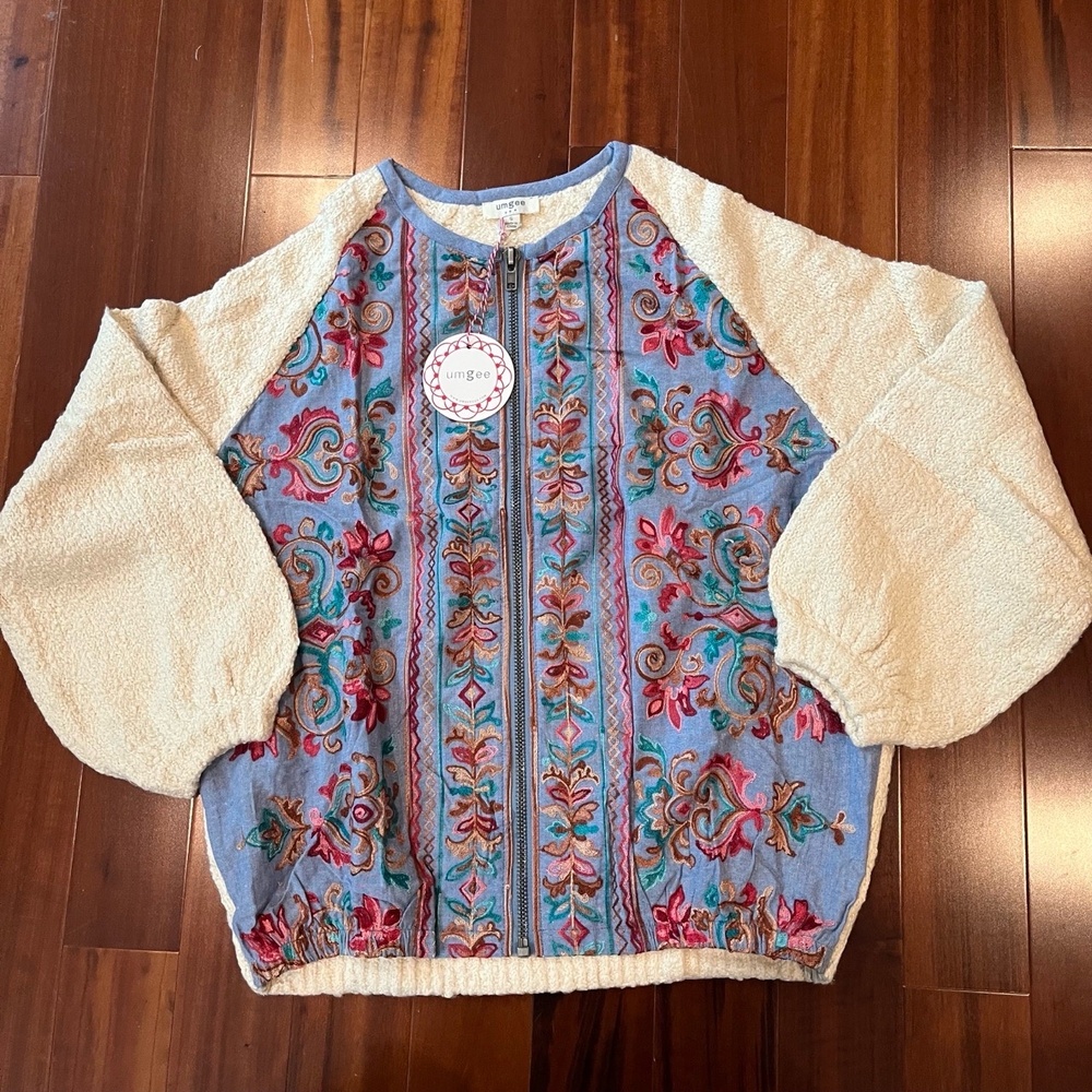 Umgee Bomber Shacket Jacket Blue Teddy Embroidered Boho Sweater Knit Size Small
